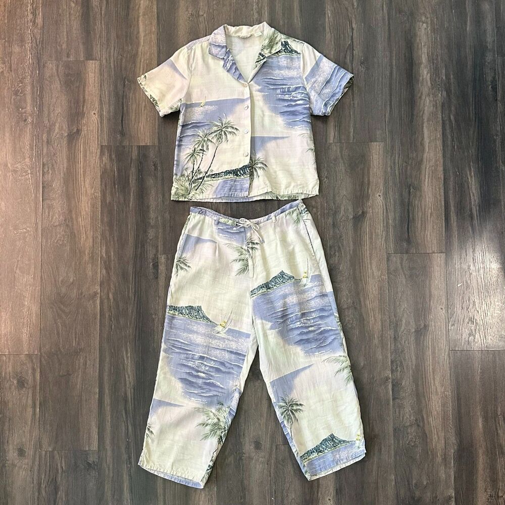 Vtg Tommy Bahama Silk Set Short Sleeve Shirt Capri Pants Island Ocean Print Sz M